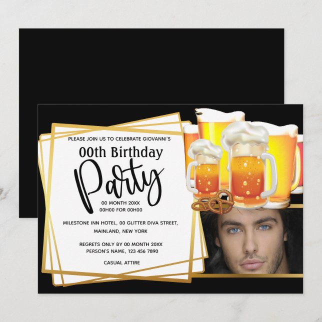 Beer mugs pretzel DIY photo mens birthday black Invitation (Front/Back)