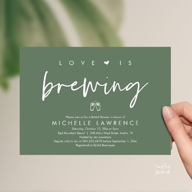 Beer Party Bridal Shower, Love is brewing Invitation (Beer Party Bridal Shower, Love is brewing Invitation card modern romance sage green)