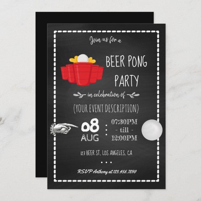 Beer Pong Party Celebration Chalkboard Invitation (Front/Back)