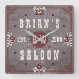 Beer Saloon Home Bar Red Grey Personalised Square Wall Clock