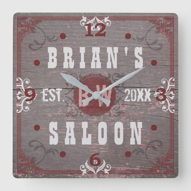Beer Saloon Home Bar Red Grey Personalised Square Wall Clock (Front)