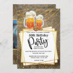 Beer string lights DIY photo mens birthday party Invitation<br><div class="desc">An elegant, sophisticated dark brown aged background has faux gold confetti stars and string lights hanging behind two jugs of beer that are resting on top of a square geometric faux gold frame with a white inlay that has black font templates for your customised wording on the front and a...</div>