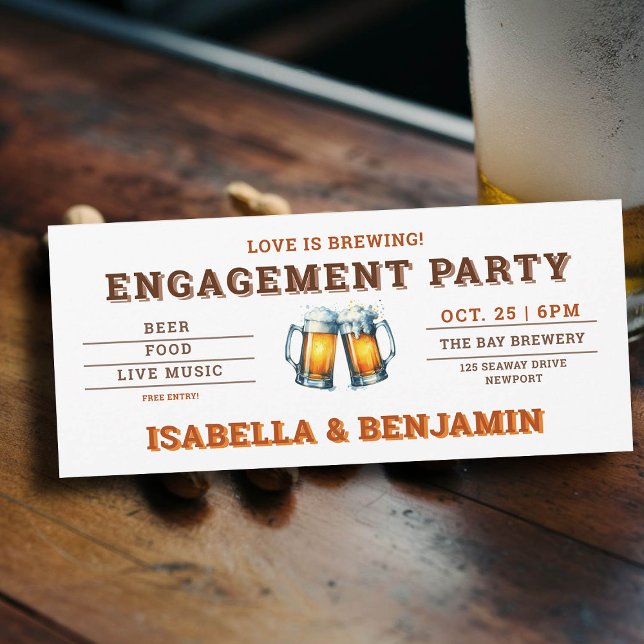 Beer Themed Brewery Fest Ticket Engagement Party Invitation (beer themed engagement party invitation brewery ticket)