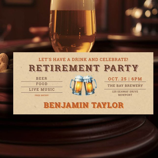 Beer Themed Brewery Ticket Kraft Retirement Party (simple retire retirement party celebration invitation beer themed brewery)