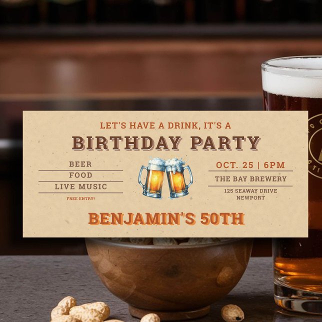 Beer Themed Brewery Ticket Men's 50th Birthday (men's 50th birthday party invitation beer themed brewery backyard oktoberfest kraft rustic)