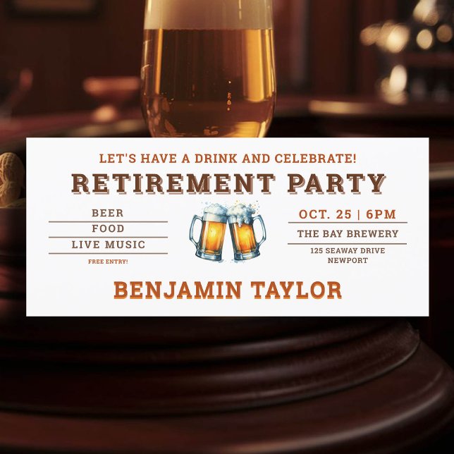 Beer Themed Brewery White Ticket Retirement Party (simple retire retirement party celebration invitation beer themed brewery fall oktoberfest)