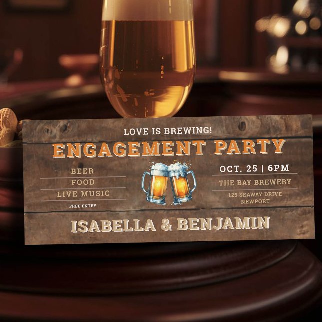 Beer Themed Brewery Wood Ticket Engagement Party Invitation (beer themed engagement party invitation brewery ticket rustic wood board)