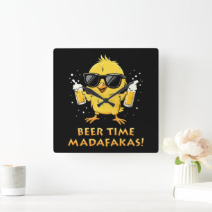 Beer Time Madafakas Funny Meme Duck Goose Retro Square Wall Clock
