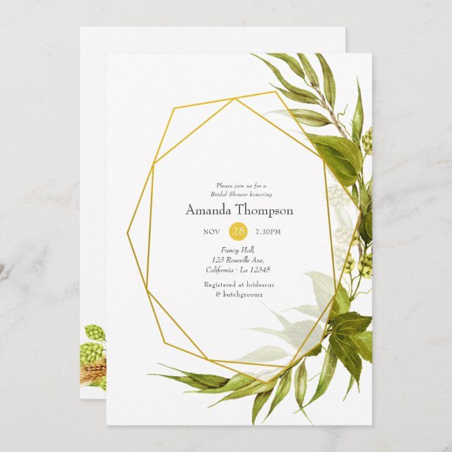 Beer Willow Green and Gold Geometric Bridal Shower Invitation (Front/Back)