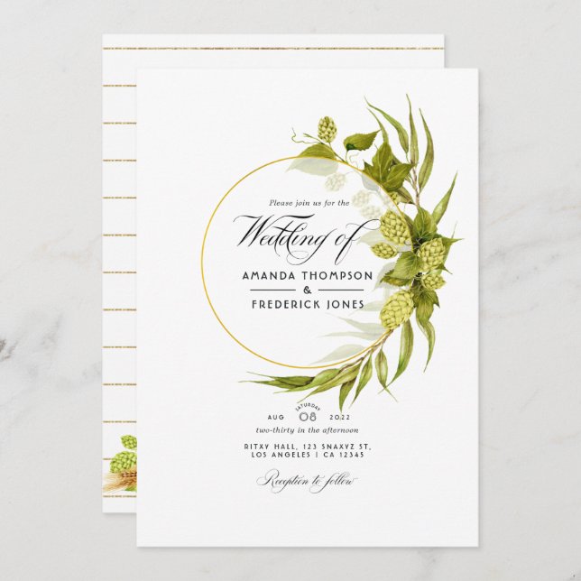 Beer Willow Green and Gold Geometric Wedding Photo Invitation (Front/Back)