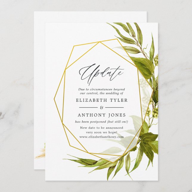 Beer Willow Green & Gold Geometric Wedding Update Invitation (Front/Back)