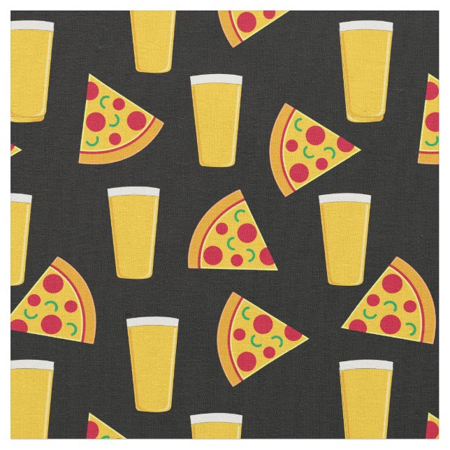 Beers and Pizza Food Patterned Black Fabric (Close Up)