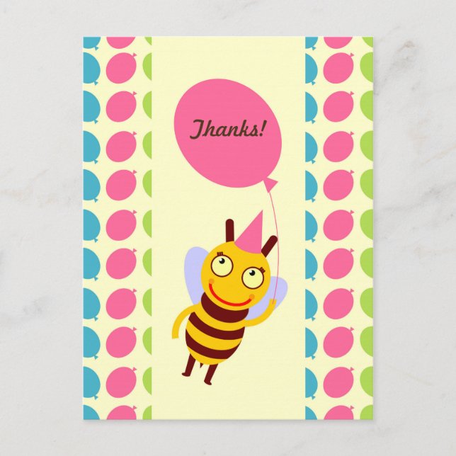 Bees and Balloons Girl Birthday Party Postcard (Front)