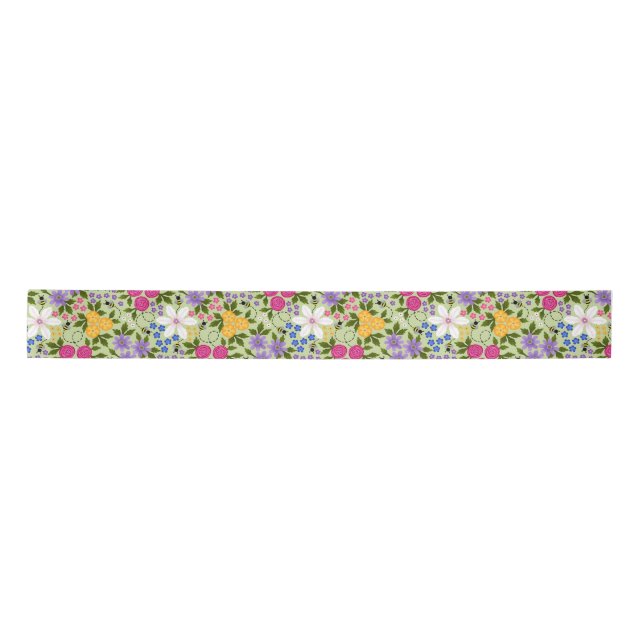 Bees and Buttercups Floral Satin Ribbon (Front)