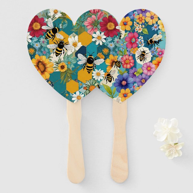 Bees and Florals Bee Flower Pattern Hand Fan (Front and Back)