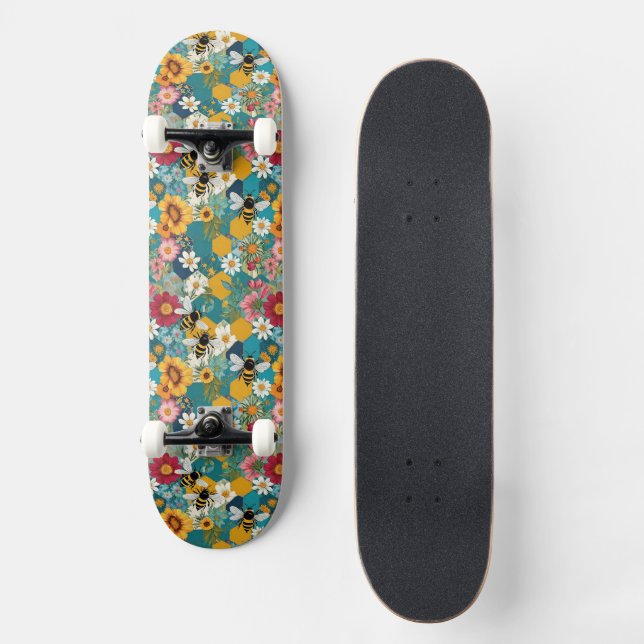 Bees and Florals Bee Flower Pattern Skateboard (Front)