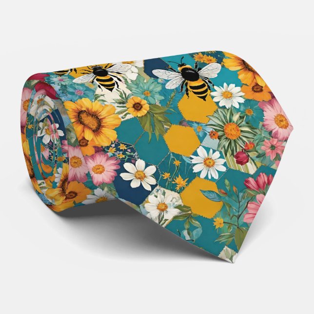 Bees and Florals Bee Flower Pattern Tie (Rolled)