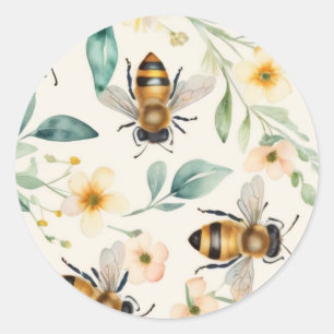 Bees and Flowers - Cream Floral Honey Bee Pattern Classic Round Sticker