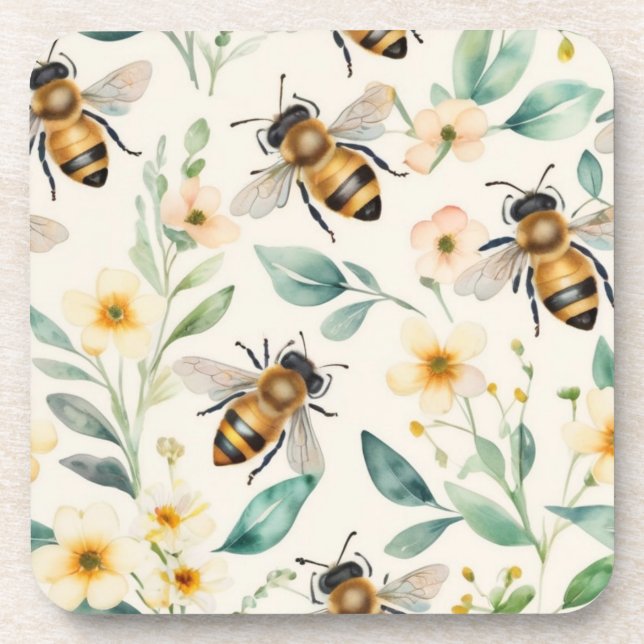 Bees and Flowers - Cream Floral Honey Bee Pattern Coaster (Front)