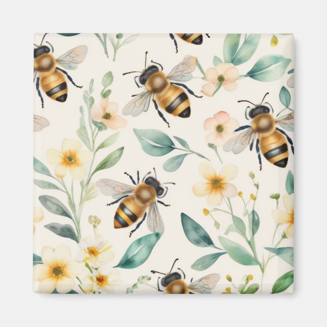 Bees and Flowers - Cream Floral Honey Bee Pattern Magnet (Front)