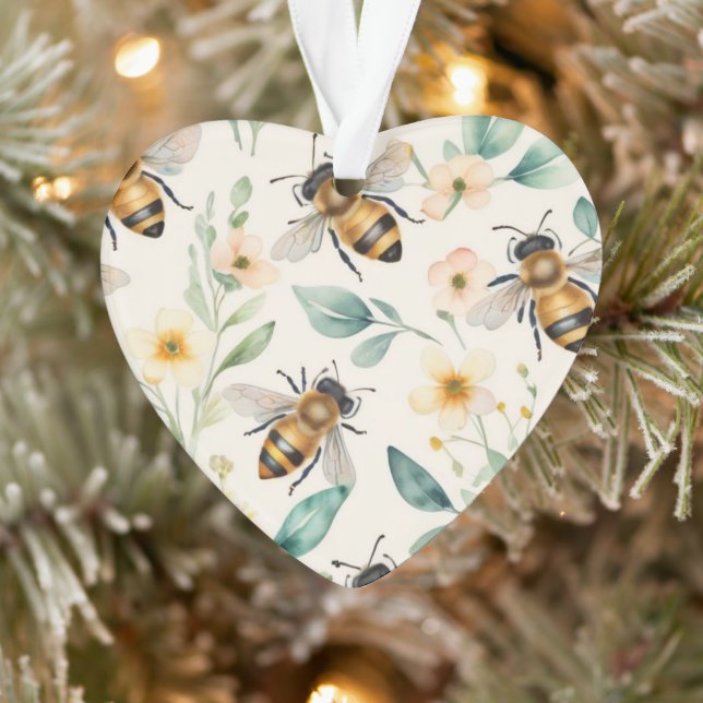 Bees and Flowers - Cream Floral Honey Bee Pattern Ornament (Tree)