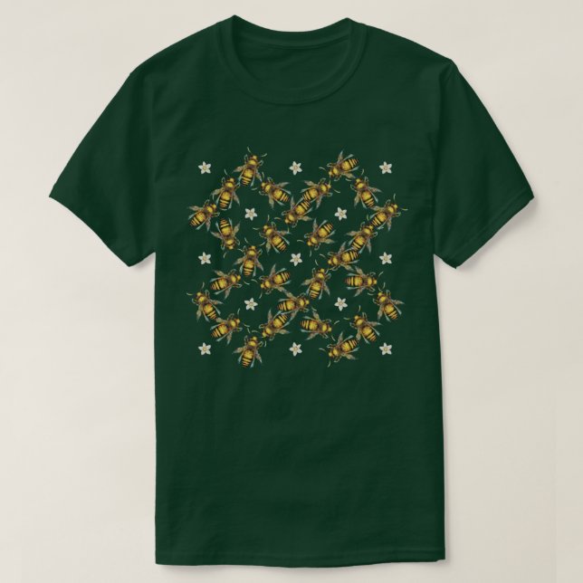Bees And Flowers On Black Pattern  T-Shirt (Design Front)