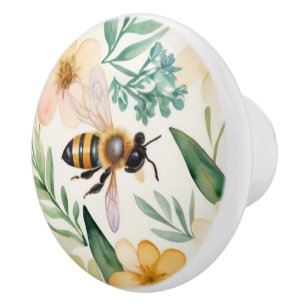 Bees and Flowers - Pretty Floral Honey Bee Pattern Ceramic Knob