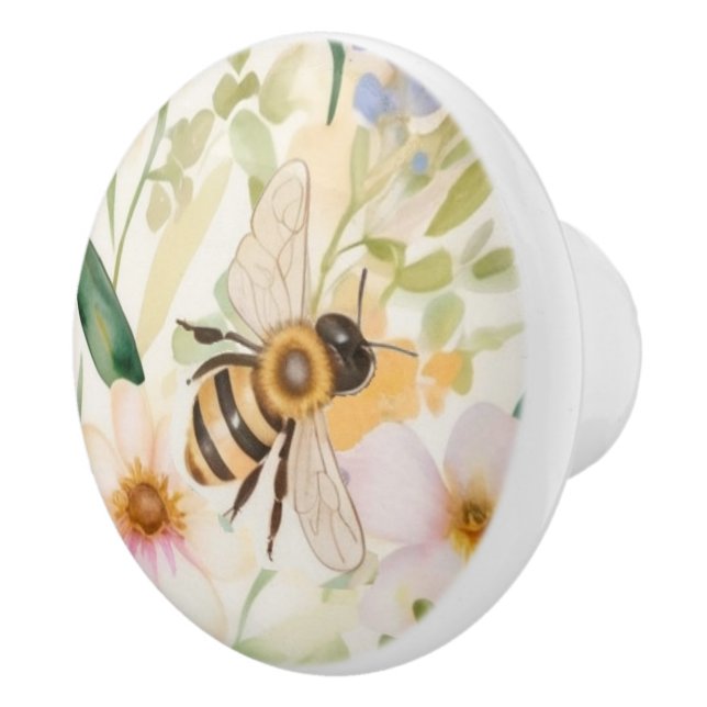 Bees and Flowers - Pretty Floral Honey Bee Pattern Ceramic Knob (Right)