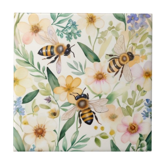 Bees and Flowers - Pretty Floral Honey Bee Pattern Ceramic Tile (Front)