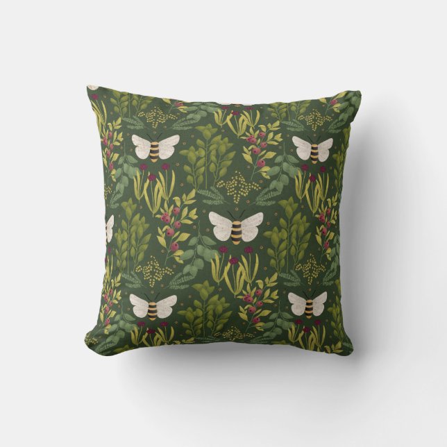 Bees and Foliage Throw Pillow (Front)