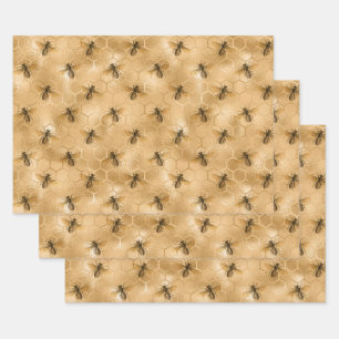 Bees and Gold Honeycomb Wrapping Paper Sheet
