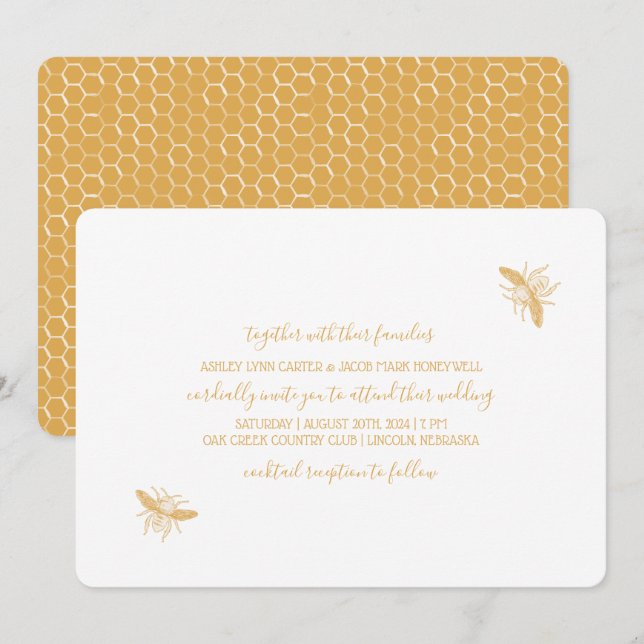 Bees and Golden Honeycomb Pattern Wedding Invitation (Front/Back)