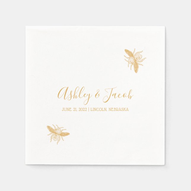 Bees and Golden Honeycomb Pattern Wedding Napkin (Front)