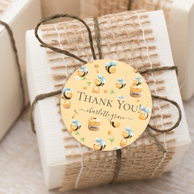 Bees and Honey 1st Bee-Themed Birthday Thank You Classic Round Sticker (Creator Uploaded)