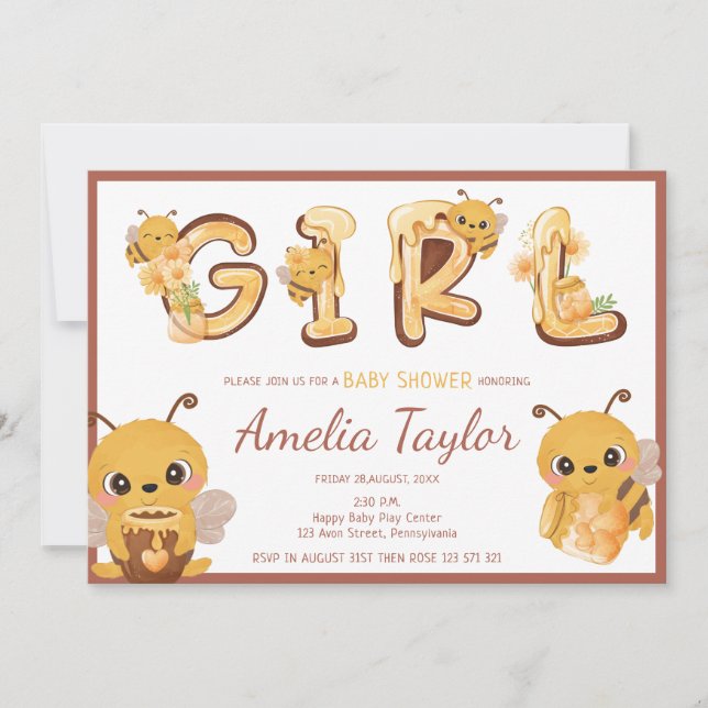 Bees and honey Girl sweet letters Baby shower Invitation (Front)