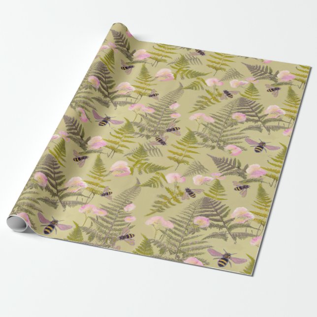 Bees and ice-cream leaves wrapping paper (Unrolled)