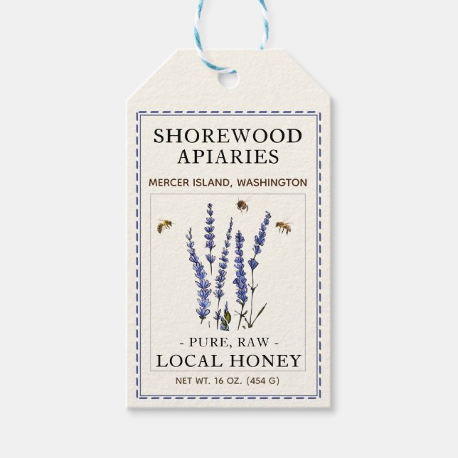 Bees and Lavender Honey Label Blue Dashed Border  (Front)