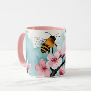 Bees and Pink Cherry Blossoms with Blue Sky Mug