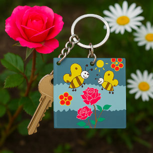 Bees and Roses Floral Garden Key Ring