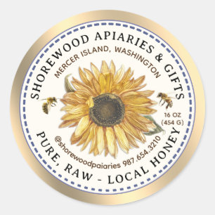 Bees and Sunflower Honey Label with Dashed Border