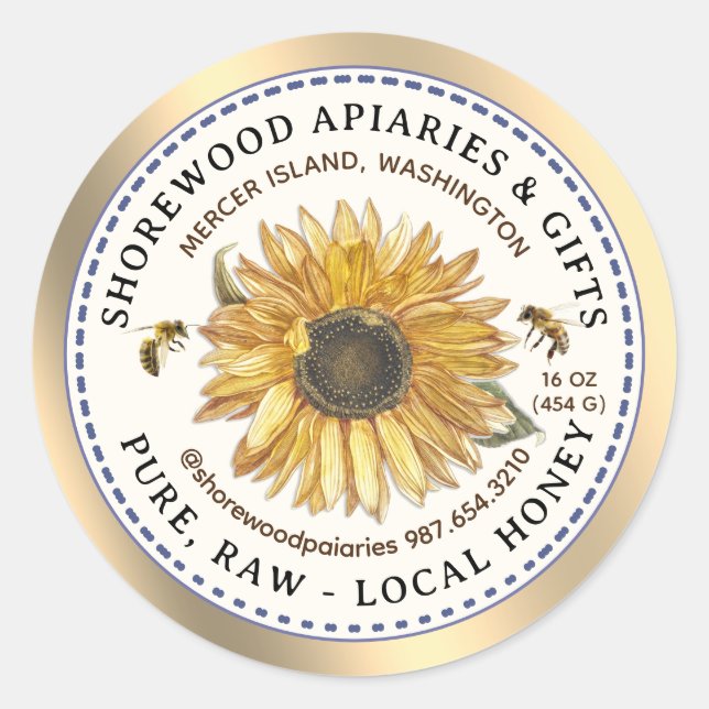 Bees and Sunflower Honey Label with Dashed Border (Front)