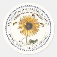 Bees and Sunflower Honey Label with Dashed Border