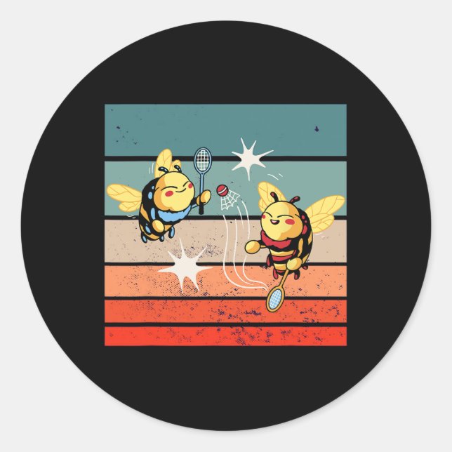 Bees Badminton Dynamic Cartoonish Artwork Funny Pl Classic Round Sticker (Front)