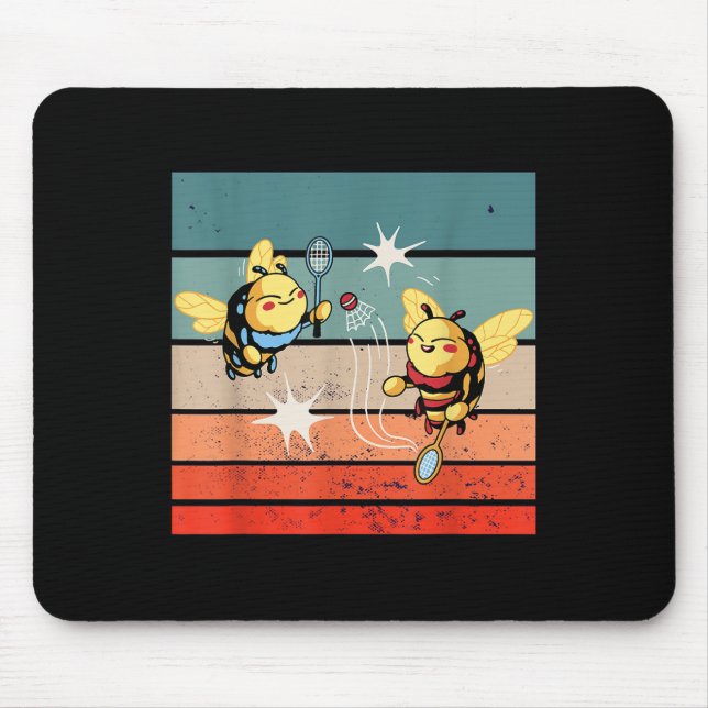 Bees Badminton Dynamic Cartoonish Artwork Funny Pl Mouse Pad (Front)
