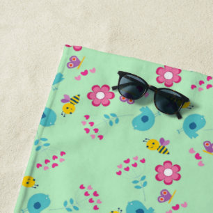 Bees, birds and flowers green pattern beach towel