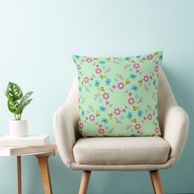 Bees, birds and flowers green pattern cushion (Chair)