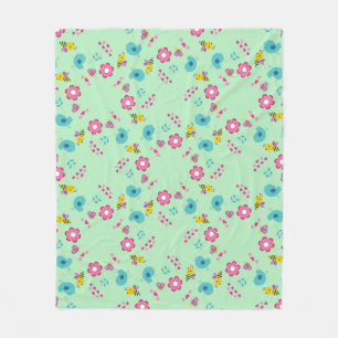 Bees, birds and flowers green pattern fleece blanket
