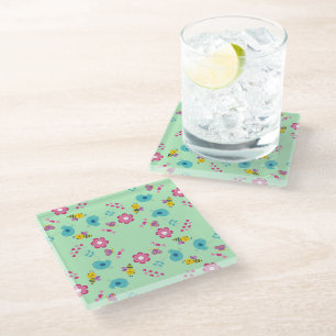 Bees, birds and flowers green pattern glass coaster