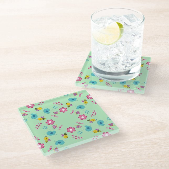 Bees, birds and flowers green pattern glass coaster (Angled)