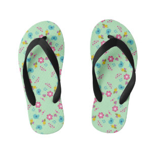 Bees, birds and flowers green pattern kid's thongs
